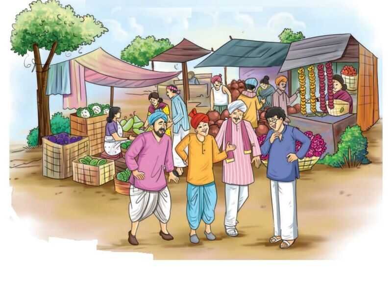 गाँव के बाजार में परस्पर प्रसन्नता पूर्वक बात-चीत करते और हंसते लोग
NCERT Class 8 Sanskrit Chapter 5 Hindi Translation Geeta Sugeeta Kartavya