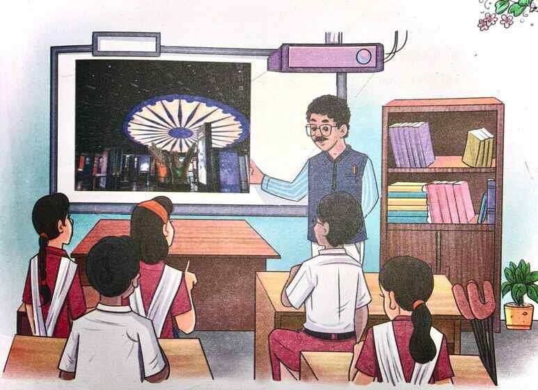 NCERT Class 8 Sanskrit Chapter 6 Hindi Translation "A smart classroom scene showing a teacher..." "कक्षा में शिक्षक और विद्यार्थियों की चर्चा 